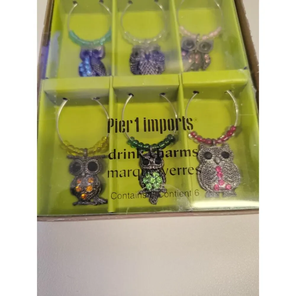 Pier 1 Imports Owl Beaded Wine Glass Drink Charms Set of 6